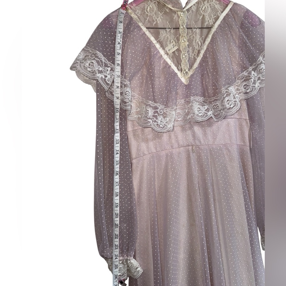Vintage 70s Lace Prairie Maxi Dress Sheer Polka Dot Gunne Sax Style - Picture 5 of 15